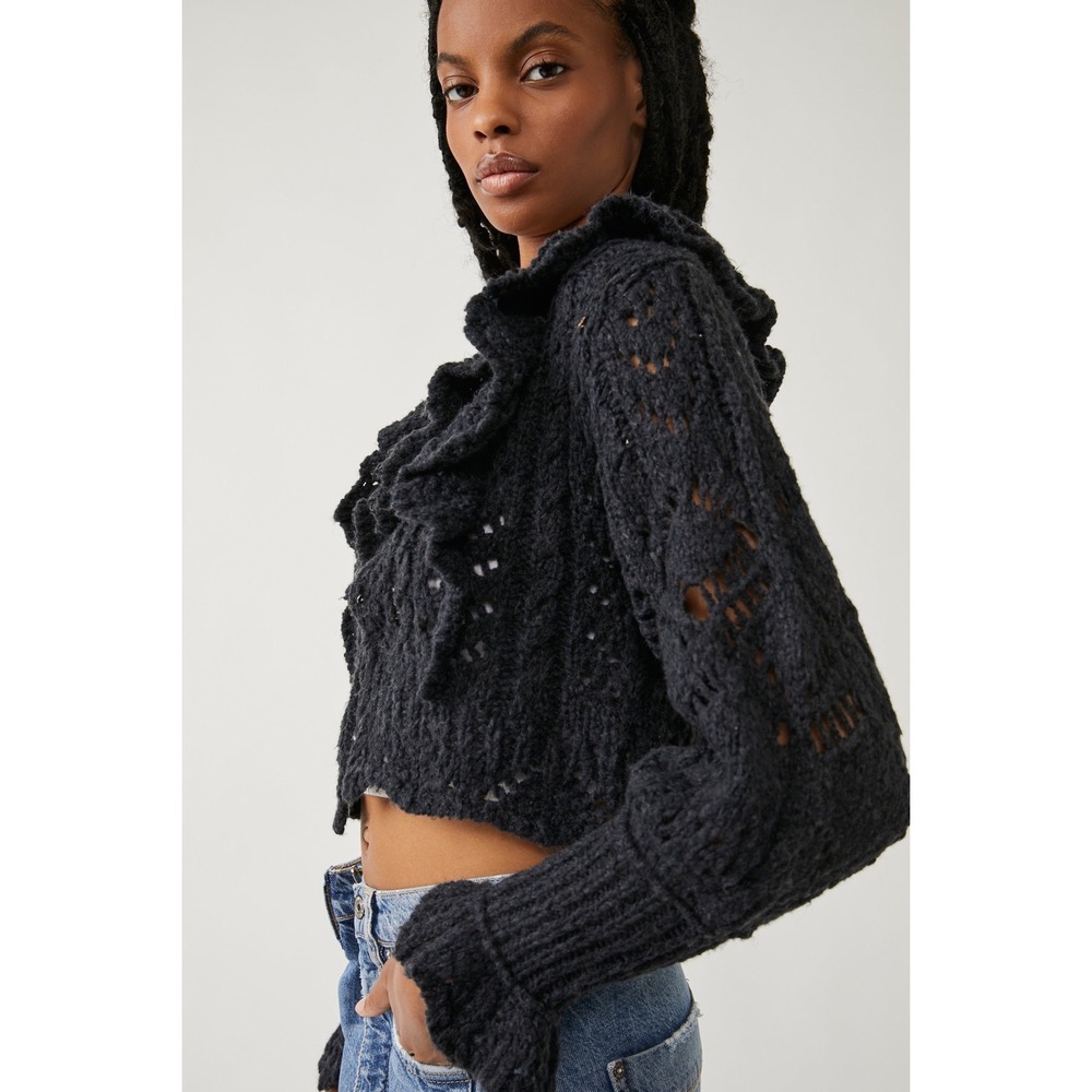Free People Avery Cardigan Sweater Cropped Womens Size Small NEW NWT Wool Black - Picture 14 of 16